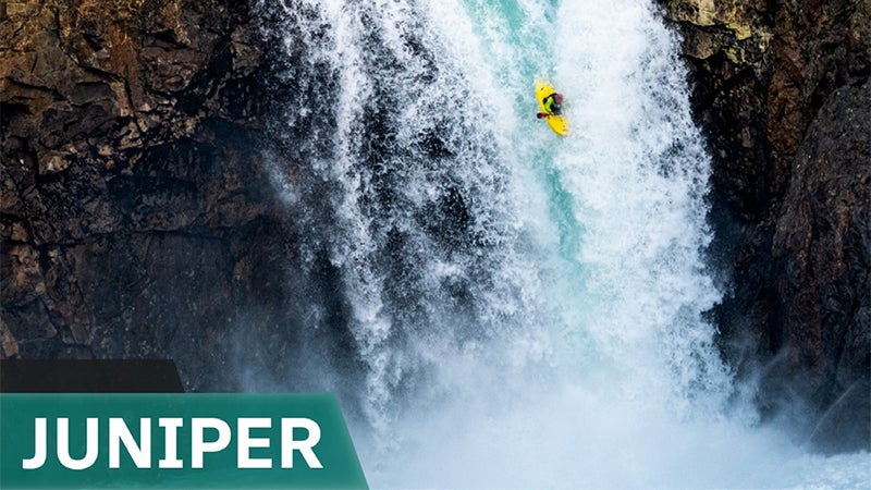 image of kayaker going over waterfall and Juniper headline