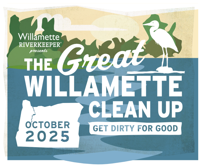 logo of a heron sitting on a rock in a river with the words "Great Willamette Clean Up"